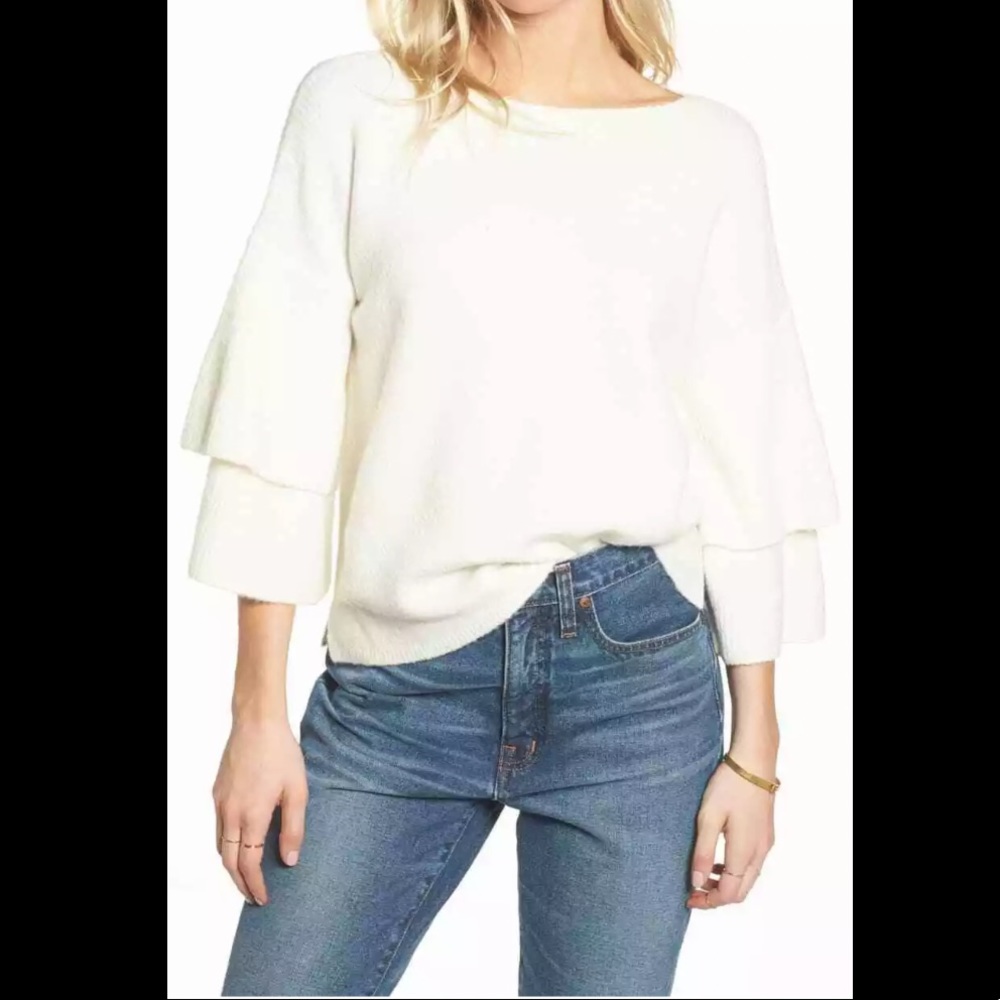 Madewell Ruffle Sleeve White Sweater XS